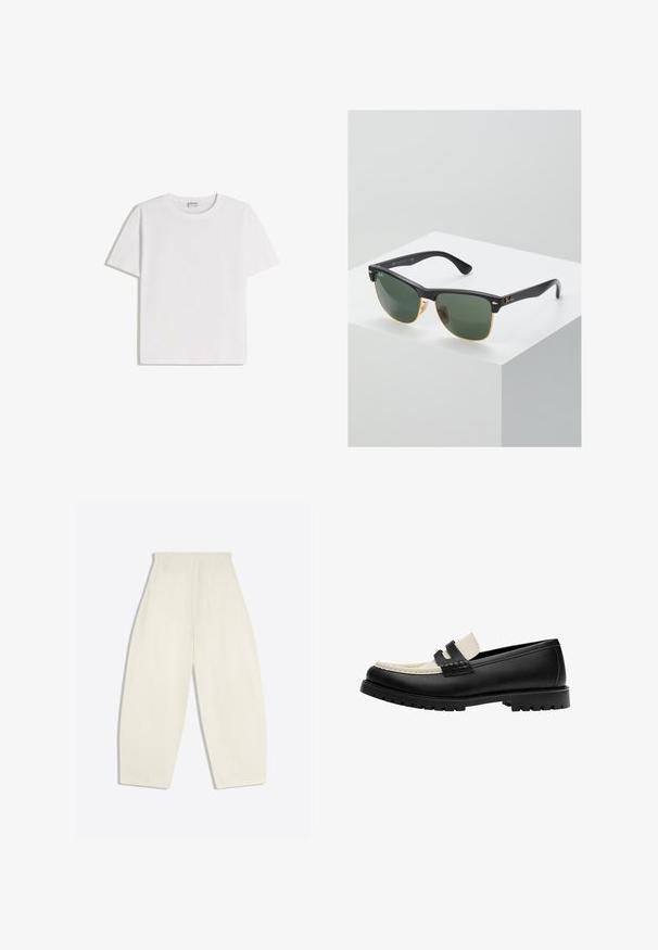 T-shirt en coton blanc avec un col rond et des manches courtes. Présente une coupe classique et carrée, sans motifs ni accents visibles.; Pantalon crème taille haute à jambes larges, avec poches arrière et passants de ceinture, présenté à plat sur un fond clair.; Mocassin en cuir noir et blanc avec semelle en caoutchouc épaisse et détail de bride penny, présenté de profil sur un fond blanc.; Lunettes de soleil Ray-Ban avec des verres verts, monture en plastique noir et accents dorés sur les bords. Forme carrée avec une finition mate.