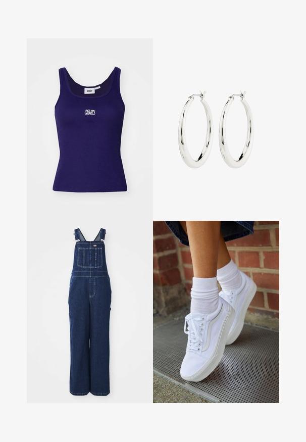 Marineblaue, gerippte Tanktop mit ärmellosem Design, das ein kleines, weißes gesticktes Logo auf der Brust und einen abgerundeten Halsausschnitt zeigt.; Jeans-Overalls in Dunkelblau, mit verstellbaren Trägern, Brusttasche, Seitentaschen und einer lockeren, weiten Passform. Klassische Nähdetails.; Weiße Leinensneaker mit Gummisohlen, ausgestattet mit sechs Ösen, runder Zehenpartie und dezenten Nähten, kombiniert mit weißen Knöchelsocken.; Silberne Creolen mit einer glatten, glänzenden Oberfläche. Kreisform, ausgestattet mit einem sicheren Verschluss. Einfaches und elegantes Design.