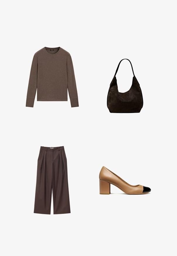 Langærmet brun crew neck-shirt med enkelt design, vist fladt mod hvid baggrund.; Brune højtaljede bukser med vide ben, forreste læg, bæltestropper og skjult frontlukning.; Beige læderpumps med en rund tå og en sort patenthætte, med en blokhæl og glat tekstur.; Blød sort ruskind skuldertaske med en enkelt bred strop og en rundet, let slap form.