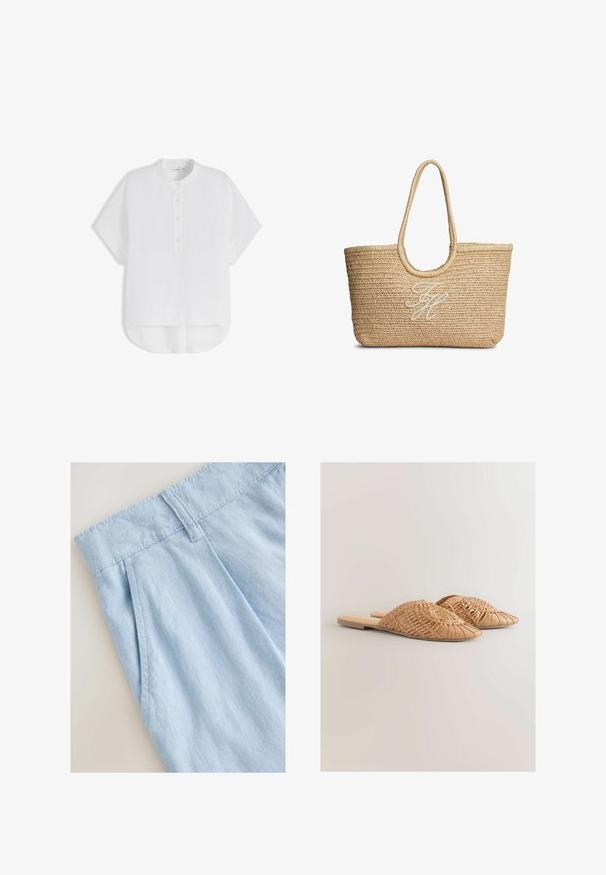 Chemise blanche à manches courtes avec col officier, patte de boutonnage devant et ourlet asymétrique, posée à plat sur un fond blanc.; Shorts en lin bleu clair avec un design plissé, dotés d'une taille et de détails de couture. Texture lisse et style décontracté.; Sandales à glissière en cuir tressé de couleur beige clair, avec un design supérieur tressé surdimensionné et une semelle plate. Le bout pointu ajoute une touche élégante.; Sac cabas tissé en paille beige avec poignées arrondies et initiales brodées en cursive blanche au centre devant.