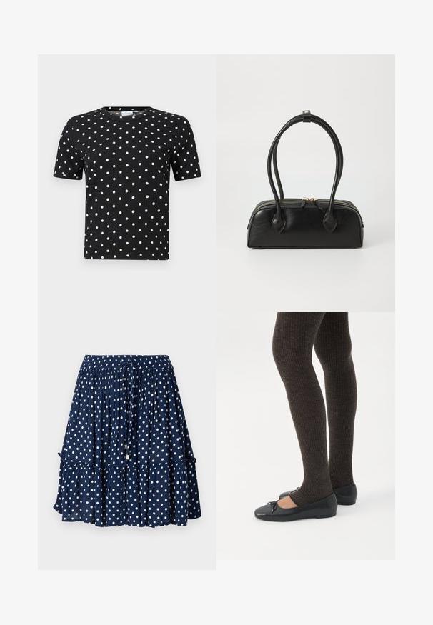 T-shirt noir à manches courtes avec une texture côtelée et des pois blancs, présentant un col rond et une coupe ajustée.; Jupe bleu marine à pois blancs, avec un ourlet volants et une taille élastique dotée d'un cordon de serrage pour un ajustement réglable.; Jambes portant des leggings côtelés foncés associés à des ballerines noires avec de petits détails en nœud sur fond blanc.; Sac à main en cuir noir avec deux anses allongées, fermeture éclair et forme arrondie ; texture lisse avec une finition légèrement brillante.