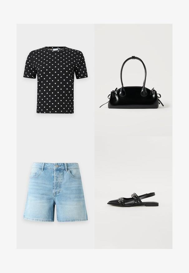 Camiseta negra de manga corta con textura acanalada y lunares blancos, con cuello redondo y corte ajustado.; Shorts de mezclilla de color azul claro con un corte clásico, que presentan bolsillos frontales, un cierre de botón metálico y un ligero desgarro en la tela.; Even&Odd by Zalando Bailarinas con tira trasera - black; Pequeño bolso negro brillante con dos asas largas y detalles de cordón lateral sobre un fondo claro liso.