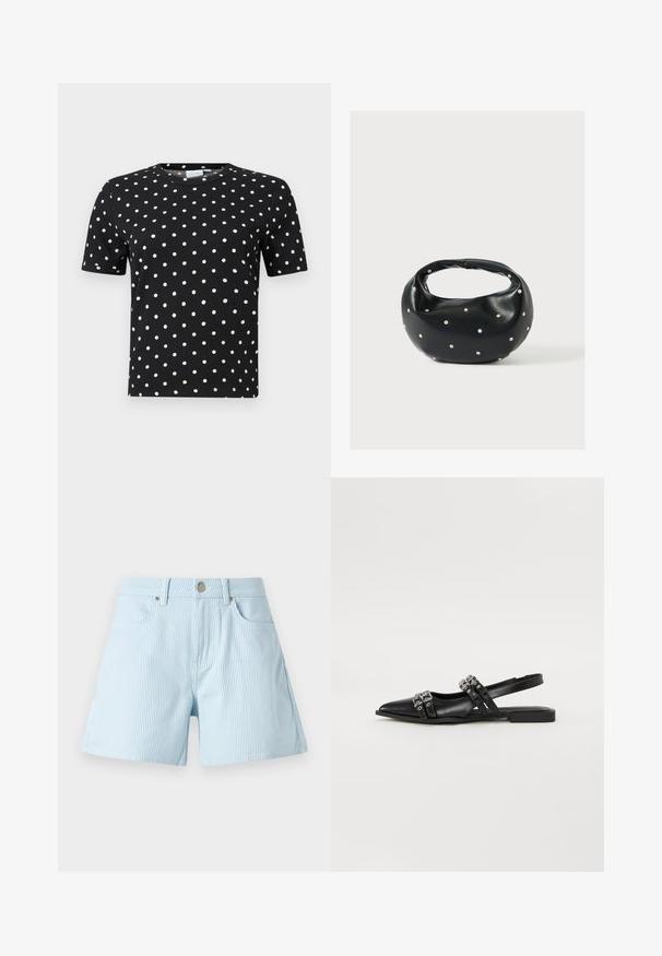 Sort t-shirt med korte ærmer, ribbet tekstur og hvide prikker, med rund halsudskæring og tætsiddende facon.; Lysblå stribede shorts med høj talje, frontlommer og metalknaplukning. Stofferne har en blød tekstur og en skræddersyet pasform.; Even&Odd by Zalando Slingback-ballerinasko - black; Sort læderhåndtaske med en rundet form, dekoreret med sølvnitter, og et kort håndtag. Glat tekstur og lynlåslukning.
