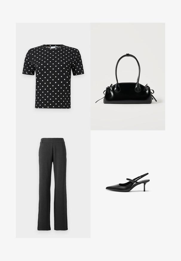 T-shirt noir à manches courtes avec une texture côtelée et des pois blancs, présentant un col rond et une coupe ajustée.; Pantalons droits de couleur gris foncé, fabriqués en tissu doux. Ils présentent une taille lisse et aucun motif ou accent visible.; Talons aiguilles noires en cuir avec un bout pointu, une fine bride réglable, et un talon aiguille d'environ 5 cm, texture lisse.; Petit sac à main noir brillant avec deux longues anses et des détails à cordon sur les côtés sur un fond clair uni.