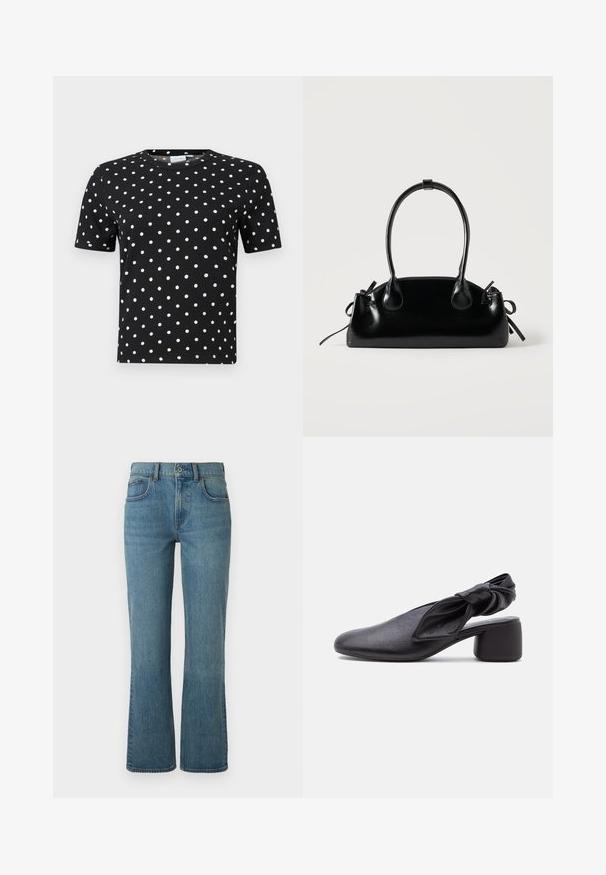 Sort t-shirt med korte ærmer, ribbet tekstur og hvide prikker, med rund halsudskæring og tætsiddende facon.; Lysblå flagrende jeans lavet af denim, med fem lommer, en frontknaplukning og subtil fading for tekstur.; Sort læder slingback-sko med rundet tå, detaljer med knyttet rem og lav blokhæl på hvid baggrund.; Lille sort blank håndtaske med to lange håndtag og snøre-detaljer i siden på en ensfarvet lys baggrund.
