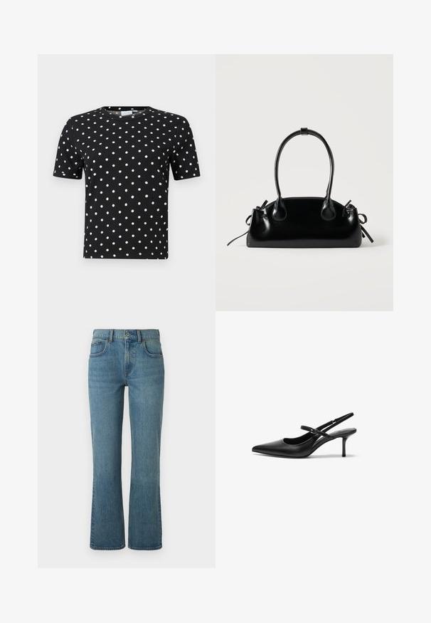 Sort t-shirt med korte ærmer, ribbet tekstur og hvide prikker, med rund halsudskæring og tætsiddende facon.; Lysblå flagrende jeans lavet af denim, med fem lommer, en frontknaplukning og subtil fading for tekstur.; Sorte læder slingback hæle med spids tå, slank justerbar rem og en stiletto hæl på cirka 5 cm, glat tekstur.; Lille sort blank håndtaske med to lange håndtag og snøre-detaljer i siden på en ensfarvet lys baggrund.