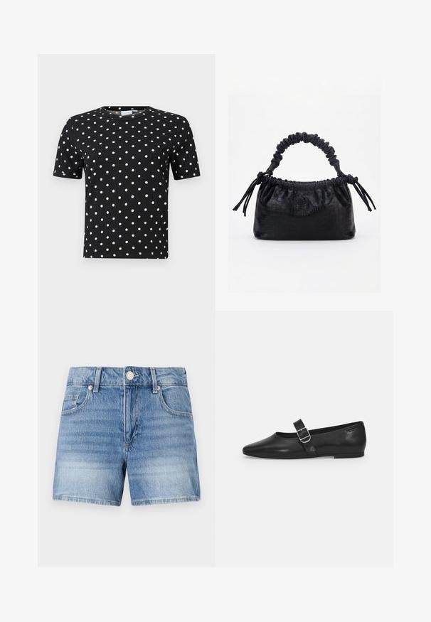 Zwarte t-shirt met korte mouwen, voorzien van een ribbelstructuur en witte stippen. Het shirt heeft een ronde hals en een getailleerde pasvorm.; Lichtblauwe denimshorts met knoopsluiting aan de voorkant, ritssluiting, lussen voor een riem en voorzakken op een effen witte achtergrond.; Zwarte leren platte schoen met een ronde neus, een enkele verstelbare gespsluiting en een gladde, glanzende textuur. Minimalistisch ontwerp met een lage hak.; Zwarte handtas met krokodillenstructuur, geplooide bovenrand, samengevoerde handgreep en koordtassels aan elke kant tegen een witte achtergrond.