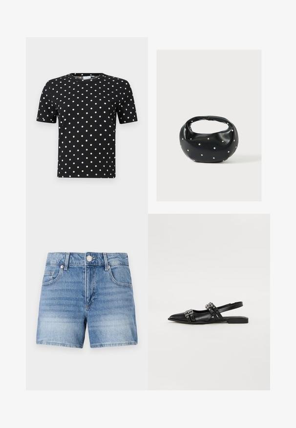 Camiseta negra de manga corta con textura acanalada y lunares blancos, con cuello redondo y corte ajustado.; Pantalones cortos de mezclilla azul claro con botón frontal, cierre de cremallera, presillas para cinturón y bolsillos delanteros sobre un fondo blanco liso.; Even&Odd by Zalando Bailarinas con tira trasera - black; Bolso de mano de cuero negro con forma redondeada, decorado con detalles de tachuelas plateadas y un asa corta. Textura lisa y cierre con cremallera.