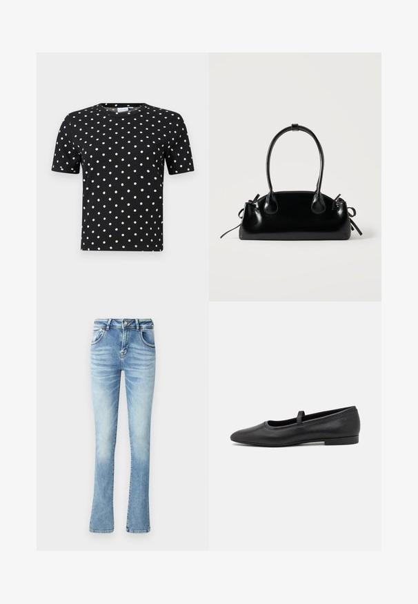 Camiseta negra de manga corta con textura acanalada y lunares blancos, con cuello redondo y corte ajustado.; Vaqueros ajustados de mezclilla celeste con un corte acampanado, cintura a media altura, cinco bolsillos, costuras cosidas y un ligero desvanecimiento en los muslos para un efecto de desgaste.; Bailarinas negras de piel lisa, con punta redondeada, una pequeña tira en la parte superior y un diseño minimalista.; Pequeño bolso negro brillante con dos asas largas y detalles de cordón lateral sobre un fondo claro liso.