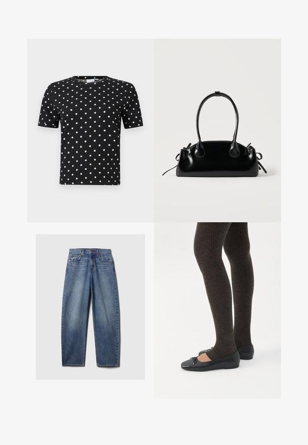 Sort t-shirt med korte ærmer, ribbet tekstur og hvide prikker, med rund halsudskæring og tætsiddende facon.; Blå denim jeans med en afslappet pasform, der har fem lommer, kobbernitter og en fadet vask. Lige ben med en ren kant.; Ben iført mørke ribbede leggings kombineret med sorte balletsko med små sløjfedetaljer på hvid baggrund.; Lille sort blank håndtaske med to lange håndtag og snøre-detaljer i siden på en ensfarvet lys baggrund.