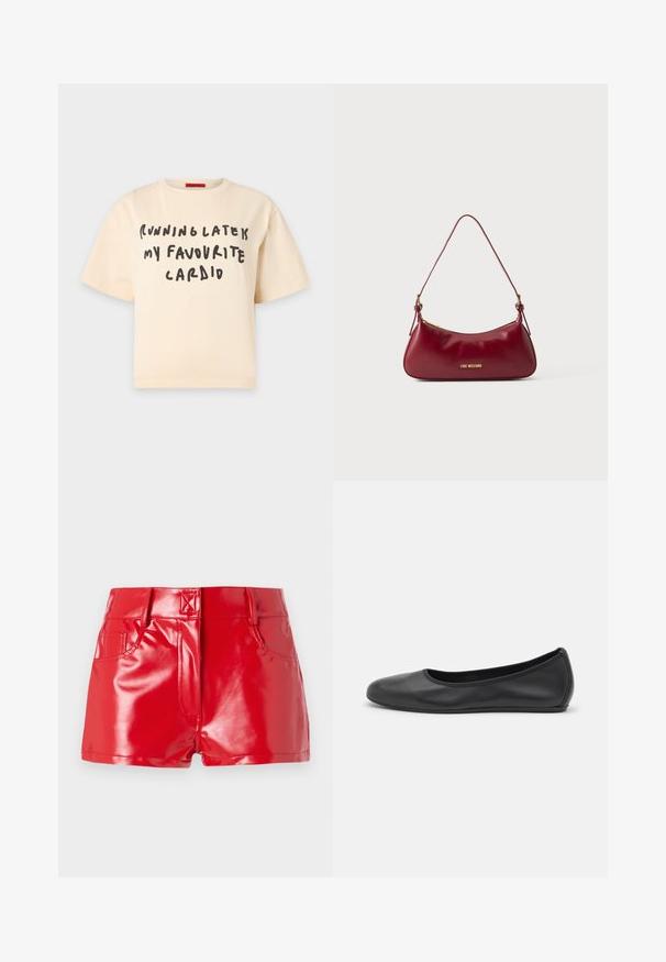 Camiseta beige de manga corta con texto negro escrito a mano en la parte delantera que dice: "Running late is my favourite cardio".; Shorts de imitación cuero rojo con un acabado brillante, cuentan con una cintura alta, bolsillos delanteros y detalles de costura. Diseño estructurado y ajustado.; Bailarina de piel negra con punta redondeada, textura suave, detalle de costura minimalista y diseño de suela flexible.; Pequeño bolso de hombro de cuero rojo oscuro con una correa fina y el logotipo dorado "Love Moschino" en la parte delantera.