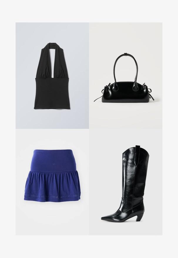 Top negro sin mangas con cuello halter, tela fruncida en el busto y una banda ancha en la cintura, mostrado sobre un fondo plano gris claro.; Falda de jersey azul marino con un fondo fruncido, cintura elástica y borde decorativo bordado a lo largo del dobladillo. Tejido suave y ligero.; Botas de cuero negras hasta la rodilla con punta afilada, tacón bajo y detalle de costura decorativa en los laterales. Acabado suave y brillante.; Pequeño bolso negro brillante con dos asas largas y detalles de cordón lateral sobre un fondo claro liso.