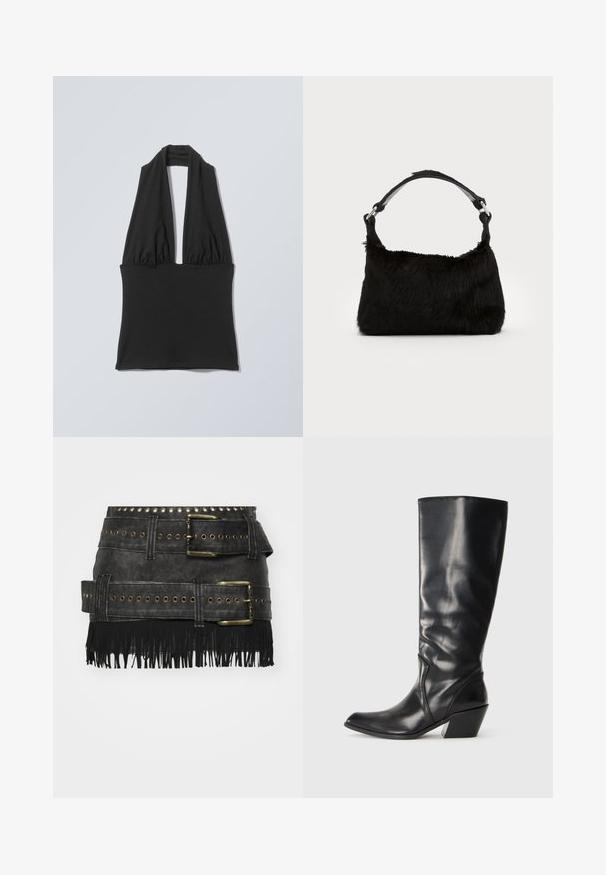 Top negro sin mangas con cuello halter, tela fruncida en el busto y una banda ancha en la cintura, mostrado sobre un fondo plano gris claro.; Falda de cuero sintético negro con grandes hebillas metálicas, detalles de ojales y flecos en el dobladillo. Diseño estructurado con múltiples cinturones.; Bota de cuero negra hasta la rodilla con punta afilada, tacón angular y textura suave. Presenta un sutil acento de costura a lo largo del costado.; Bolso de mano de piel sintética negra con una textura suave, forma redondeada y una resistente correa de cuero negro para el hombro. Acentos de herrajes plateados visibles.