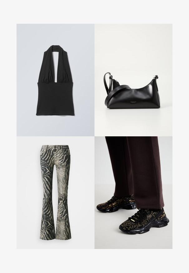 Sort ærmeløs haltertop med samlet stof ved brystet og en bred bånd ved taljen, vist på en flad lys grå baggrund.; Bredde jeans i et sort og beige zebra mønster, fremstillet af denim materiale, med fem-lomme design og synlige syninger.; Sorte sneakers med guldprikker, struktureret overflade og en kraftig sort sål. Parret med brune sweatpants, der viser et tætsiddende design.; Sort læderhåndtaske med en glat tekstur. Har en justerbar stropp og et enkelt, minimalistisk design med lynlås.