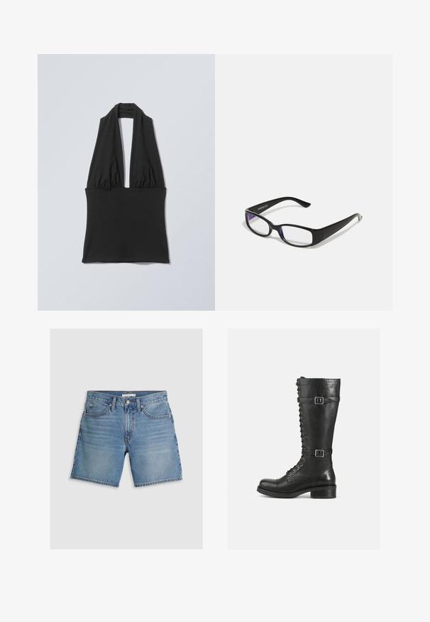 Schwarzes ärmelloses Neckholder-Top mit gerafftem Stoff am Brustbereich und breitem Bündchen an der Taille, dargestellt auf einem flachen hellgrauen Hintergrund.; Jeansshorts in Hellblau, mit geradem Schnitt, fünf Taschen und einem Knopfverschluss. Hergestellt aus Baumwolle mit einer glatten Struktur.; Hohe schwarze Lederstiefel mit Schnürung vorne, seitlichen Schnallen, glatter Textur, runder Spitze und robustem niedrigen Absatz.; Schwarze rechteckige Brille mit klaren Gläsern. Glänzende Oberfläche, schmale Bügel und lila Tönung an den Rändern der Gläser sichtbar.