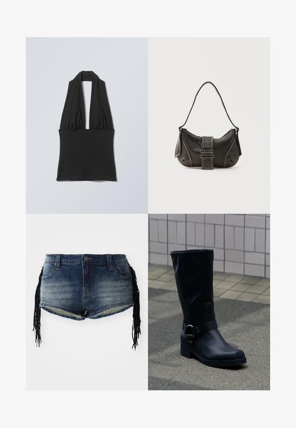 Schwarzes ärmelloses Neckholder-Top mit gerafftem Stoff am Brustbereich und breitem Bündchen an der Taille, dargestellt auf einem flachen hellgrauen Hintergrund.; Denim-Shorts in einem verlaufenden blauen Waschung mit ausgefranstem Saum und schwarzen Fransenverzierungen an den Seiten, mit Fronttaschen und einem Bund.; Schwarzer Lederstiefel bis zur Mitte der Wade mit niedrigem Blockabsatz und dekorativem Riemen mit Metallschnalle um den Knöchel, auf einem gefliesten Gehweg.; Schwarze Leder-Schultertasche mit Schnallengurt-Detail, abgerundeten Kanten und kontrastierenden weißen Nähten auf schlichtem Hintergrund.