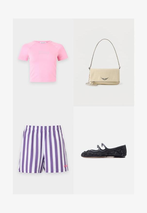 Crop top rose clair à manches courtes avec un col rond et le texte scintillant « Juicy » centré sur la poitrine.; Shorts à rayures verticales violet et blanc avec taille élastique et petit logo rouge en bas de la jambe droite.; Chaussure plate noire avec trois brides et plusieurs petits nœuds décoratifs le long des côtés, du bout et du talon, vue de profil.; Sac bandoulière en cuir couleur crème avec une lanière chaîne argentée, présentant un logo métallique en forme d'aile sur le devant et une poche zippée.