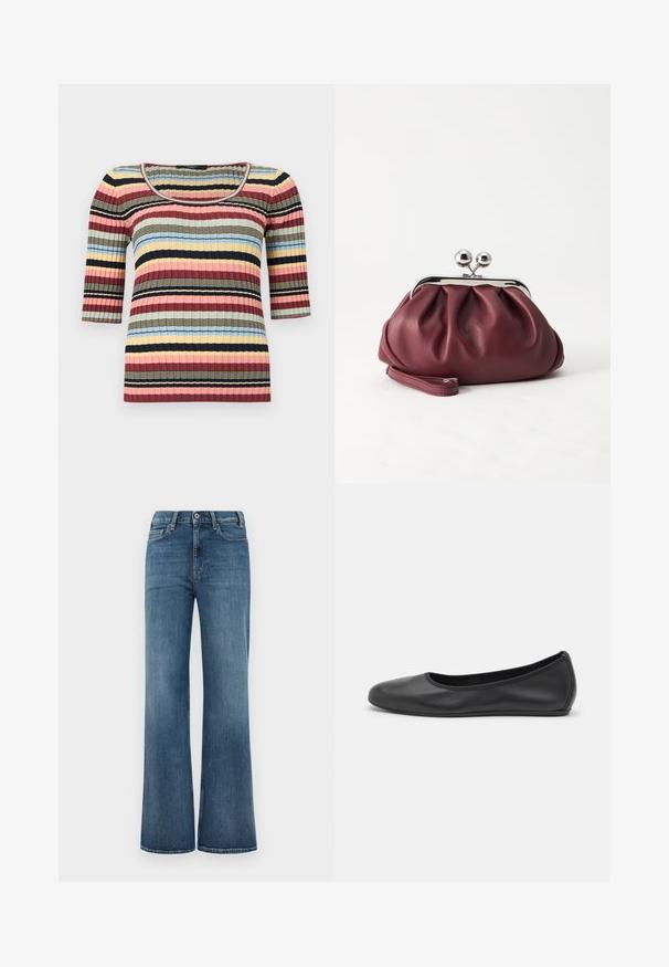 Figursyet ribstrikket top med albuelange ærmer, rund halsudskæring og vandrette striber i marineblå, pink, gul, blå og beige.; Blå denimjeans med bred benklip, knap- og lynlåslukning samt for- og baglommer, præsenteret på en simpel hvid baggrund.; Sort læderballetsko med rund tå, glat tekstur, minimal syning og et fleksibelt såldesign.; Lille bordeauxlæder clutch-pung med sølv metal lukning og håndledsrem på hvid baggrund.