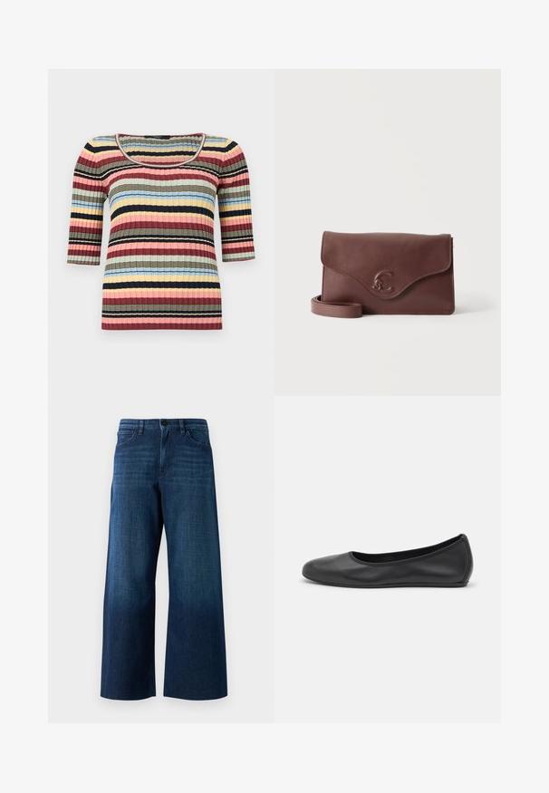 Figursyet ribstrikket top med albuelange ærmer, rund halsudskæring og vandrette striber i marineblå, pink, gul, blå og beige.; Bredde ben mørkeblå denimjeans med frontknap, bæltestropper og klassisk fem-lomme design på ensfarvet baggrund.; Sort læderballetsko med rund tå, glat tekstur, minimal syning og et fleksibelt såldesign.; Brun læder crossbody taske med klaplukning og præget dekorativt logo foran, vist mod en hvid baggrund.