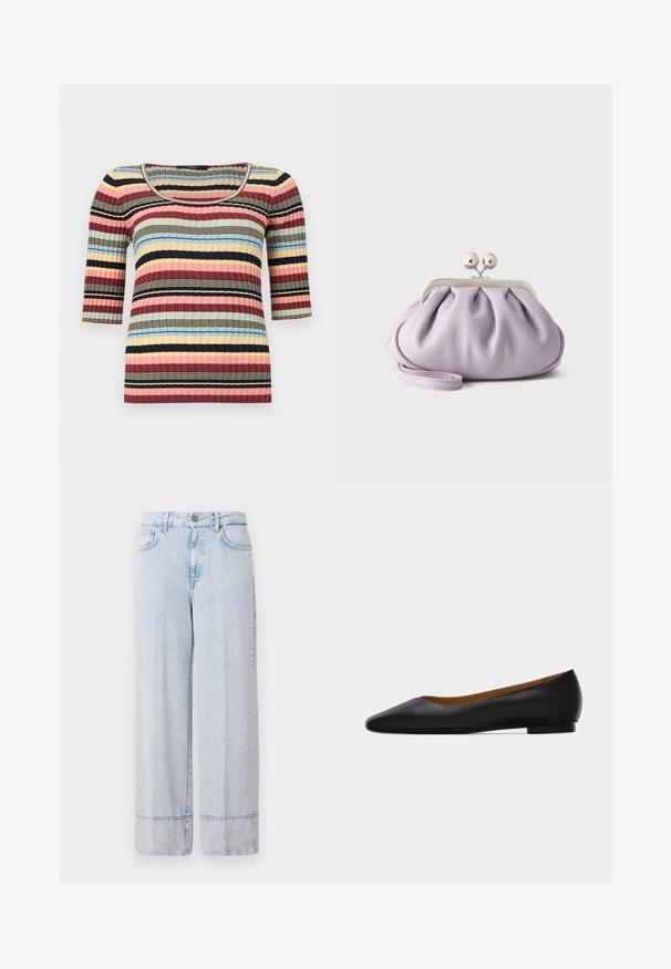 Figursyet ribstrikket top med albuelange ærmer, rund halsudskæring og vandrette striber i marineblå, pink, gul, blå og beige.; Lysblå denim bredbenede bukser med høj talje. Har en knap- og lynlåslukning, forlommer og en rå kantdetalje.; Sort læder flad sko med spids tå, lav hæl og glat finish, vist fra siden på en lysegrå baggrund.; Blød lavendel clutch med opsamlet stof, sølv kiss-lock lås og matchende håndledsrem på en ensfarvet lys baggrund.
