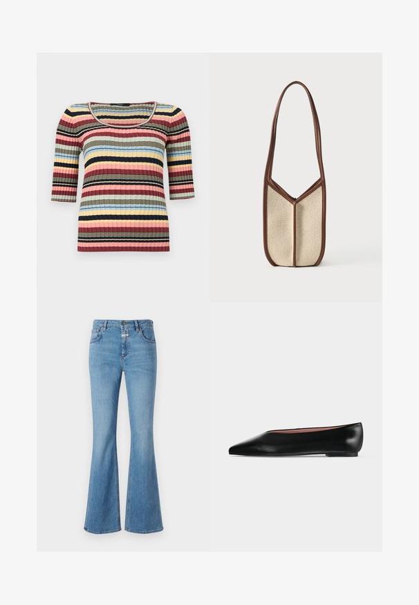 Getopte geribbelde gebreide top met ellebooglange mouwen, ronde halslijn en horizontale strepen in marineblauw, roze, geel, blauw en beige.; CLOSED JOVANNA - Bootcut jeans - light blue; Zwarte leren damesschoen met platte zool, puntige neus en lage hak, zijwaarts afgebeeld tegen een effen lichtgrijze achtergrond.; Beige schoudertas met textuur, voorzien van donkerbruine leren biezen en een lange riem, rechtopstaand tegen een effen lichte achtergrond.