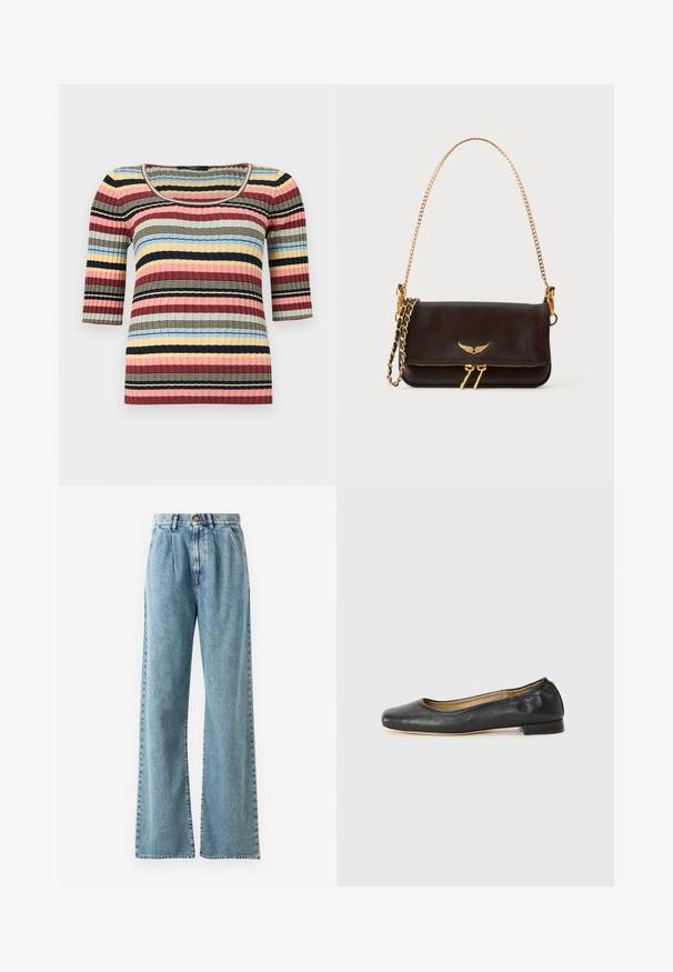 Eng anliegendes, geripptes Strickoberteil mit ellbogenlangen Ärmeln, U-Boot-Ausschnitt und horizontalen Streifen in Marineblau, Rosa, Gelb, Blau und Beige.; Helle blaue hochgeschnittene weite Jeans aus Denim, mit Knopfverschluss, ausgeprägten Falten und genähten Taschen.; Schwarz Leder Ballerinas mit runder Zehenpartie und minimaler Naht. Niedriger, rechteckiger Absatz und glatte Textur. Dezente Innenfutterdetails.; Schwarze Ledertasche mit goldenem Flügel-Emblem, goldenem Reißverschluss und goldenem Kettenriemen auf weißem Hintergrund.