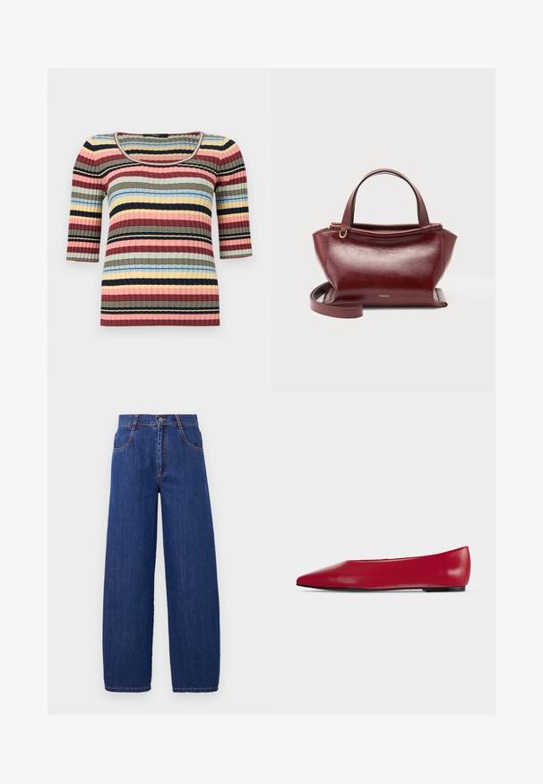 Top ajustado de punto acanalado con mangas hasta el codo, escote redondo y rayas horizontales en azul marino, rosa, amarillo, azul y beige.; Vaqueros de mezclilla azul de pierna ancha con cintura alta, que cuentan con bolsillos delanteros y costuras naranjas. La tela tiene una textura suave y un acabado clásico.; Zapato plano de cuero rojo con puntera puntiaguda, suela negra y tacón bajo, mostrado de perfil sobre un fondo claro y liso.; Bolso de cuero rojo oscuro con dos asas superiores, correa de hombro desmontable, herrajes dorados y el nombre de la marca Wandler en el centro delantero.