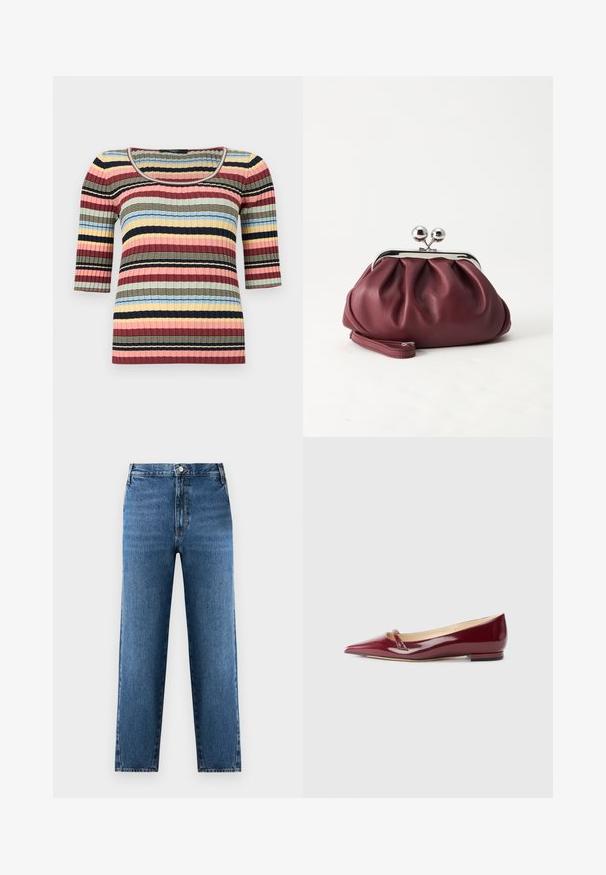 Haut ajusté en maille côtelée avec manches aux coudes, encolure arrondie et rayures horizontales bleu marine, rose, jaune, bleu et beige.; Jean droit bleu à taille haute, fabriqué en denim. Présente une fermeture à bouton et zip à l'avant, avec un léger délavage sur le tissu.; Ballerines en cuir verni bordeaux avec un bout pointu, présentant un petit détail découpé et un petit talon. Texture lisse et design épuré.; Petit sac pochette en cuir bordeaux avec fermoir métallique argenté et bracelet sur fond blanc.