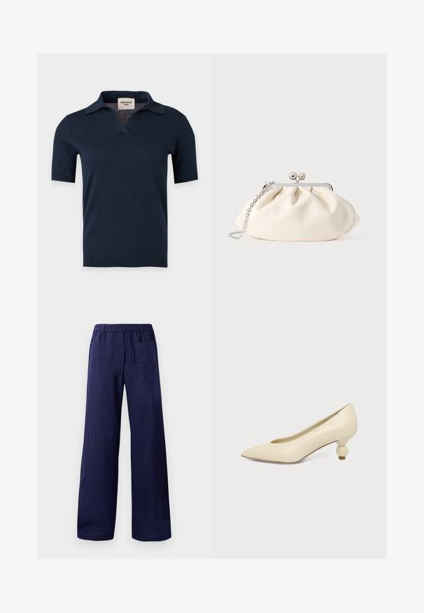 Chemise en maille bleu marine à manches courtes avec un petit col ouvert et un col en V, présentée sur un fond gris clair uni.; Pantalons larges bleu marine avec une finition texturée, une ceinture élastique et deux poches arrière. Fabriqués en tissu léger et respirant.; Chaussure femme couleur crème à bout pointu avec un petit talon rond en forme de boule, sur fond uni.; Pochette en tissu crème avec un design froncé, cadre en métal argenté, deux boules décoratives, et une bandoulière chaîne argentée.