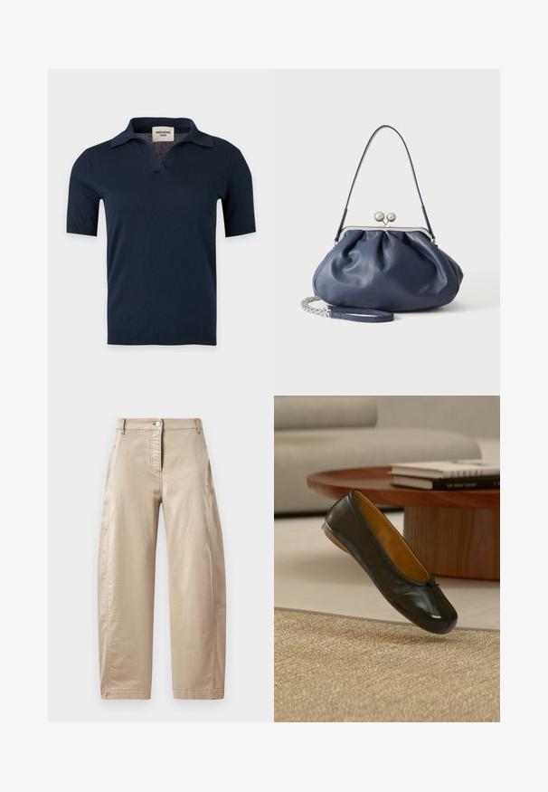 Chemise en maille bleu marine à manches courtes avec un petit col ouvert et un col en V, présentée sur un fond gris clair uni.; Pantalons larges beiges en mélange de coton lisse, featuring une fermeture à bouton à l'avant, des poches latérales et des détails de couture visibles.; Chaussure ballerine plate en cuir noir avec petit détail nœud, flottant au-dessus d'un tapis beige tissé dans un salon avec une table basse en bois et des livres.; Sac à main en cuir bleu marine doux avec fermeture à boucle argentée, une seule bandoulière, et une chaîne de poignet amovible sur fond blanc.
