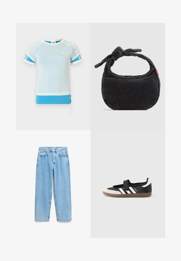 Camiseta deportiva azul claro con detalles blancos y paneles laterales azules. Presenta un cuello redondo y mangas cortas, hecha de tela suave.; Vaqueros de mezclilla azul claro con un corte holgado, cintura alta, diseño de cinco bolsillos y un ligero deslavado a lo largo de las costuras de las piernas.; Zapatilla negra y beige con una correa de velcro, tres rayas blancas en el lateral y una suela de goma marrón texturizada. Logotipo de la marca visible.; Bolso pequeño de hombro de mezclilla negra con correa anudada y cierre de cremallera, con una etiqueta de tela roja de Levi's en el lateral.