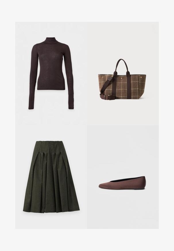 Pull col roulé marron foncé à manches longues, coupe ajustée et tissu léger sur un fond clair uni.; Jupe plissée vert foncé en tissu texturé. Caractéristiques d'une taille haute et d'une silhouette évasée, avec des plis profonds pour plus de volume.; Ballerines en tissu marron avec un bout pointu et une texture lisse, dotées d'un talon bas et d'une fine semelle noire. Aucune motif ni élément métallique visible.; Sac cabas à carreaux marron avec poignées marron foncé et bandoulière réglable sur fond uni.