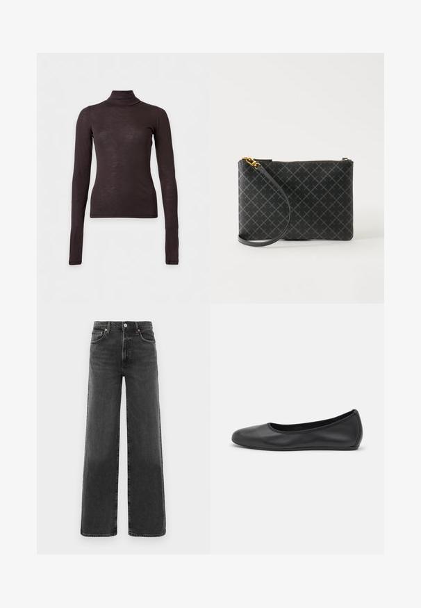 Pull col roulé marron foncé à manches longues, coupe ajustée et tissu léger sur un fond clair uni.; Jean en denim noir taille haute, coupe droite, avec bouton et fermeture éclair à l'avant, deux poches avant et deux poches arrière.; Ballerines en cuir noir avec un bout rond, texture lisse, détails de couture minimalistes et design de semelle flexible.; Pochette bracelet noire avec motif losanges gris, fermeture éclair dorée et bandoulière amovible sur fond clair uni.