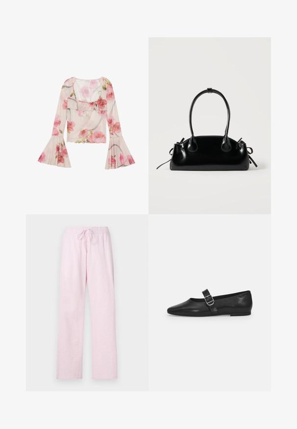 Blomsterbluse lavet af gennemsigtig stof, med klokkeærmer, rynket halsudskæring, rosa rose mønstre og et let, luftigt design.; Lyserøde pyjamasbukser i et struktureret stof med en løs pasform, der har en elastisk talje og snøre til justering.; Sorte læder flade sko med rund tå, et enkelt justerbart spænde og en glat, blank overflade. Minimalistisk design med en lav hæl.; Lille sort blank håndtaske med to lange håndtag og snøre-detaljer i siden på en ensfarvet lys baggrund.