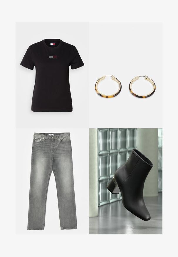 T-shirt en coton noir à manches courtes, arborant un petit logo coloré avec des éléments rouges, blancs et bleus sur la poitrine dans un design à points.; RE/DONE EASY - Jean droit - grigio; Bottine en cuir noir à talon bloc, logo DKNY près du haut, exposée devant un mur en blocs de verre et un sol en béton poli.; Boucles d'oreilles en métal doré avec un bord extérieur en résine à motif écaille de tortue, dotées d'une finition lisse et d'une forme circulaire élégante.
