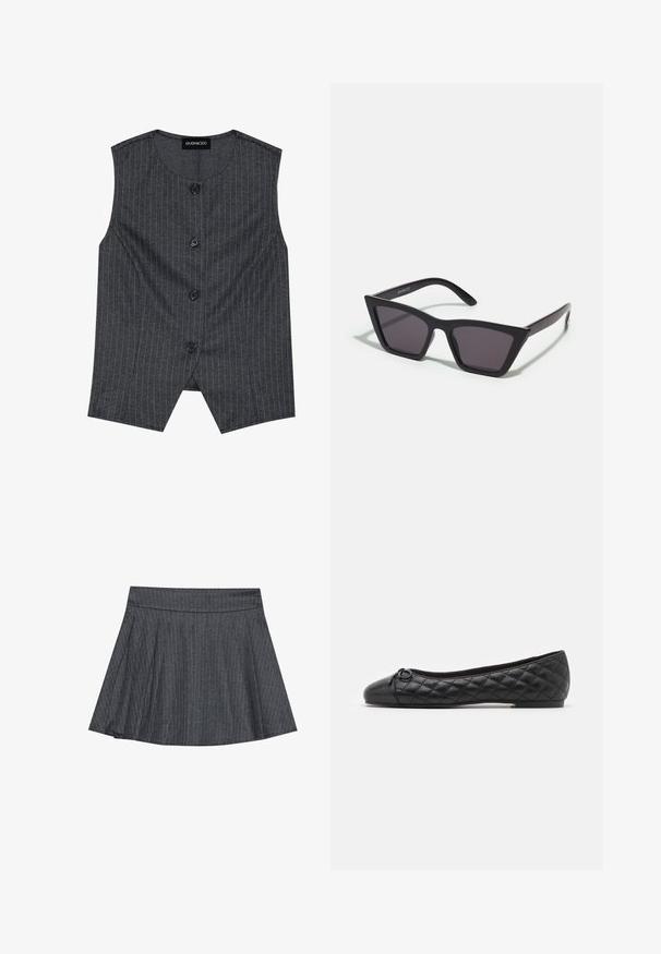 Gilet gris à rayures verticales fabriqué dans un tissu à finition texturée, doté de cinq boutons noirs et d'un col arrondi, avec une coupe ajustée.; Jupe patineuse grise à rayures générales avec une taille ajustée, en forme évasée A et texture de tissu douce. Les lignes verticales renforcent l'intérêt visuel.; Ballerines noires en cuir matelassé. Présentent un bout rond et un petit nœud décoratif près de l'avant. Semelle basse pour un confort optimal.; Lunettes noires angulaires avec des verres gris ; fabriquées en plastique, avec des branches épaisses à la surface lisse et sans matériel visible.