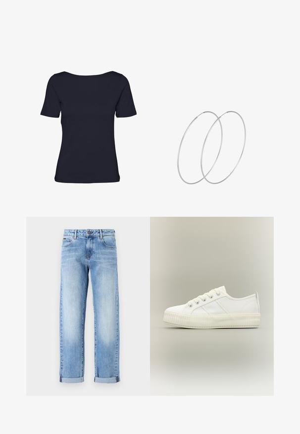 Sort tætsiddende dame T-shirt med korte ærmer og bred bådudskæring, vist mod en hvid baggrund.; Lyseblå denimjeans med opsmøgede ben, frontknap og lynlås, samt klassisk femlommesdesign på en hvid baggrund.; Hvid lavtop sneaker med tyk ribbet sål, snørelukning foran og trækflap på hælen mod en neutral baggrund.; Sølvøreringe med et minimalistisk design. Cirkulær form, glat tekstur og tynd profil. Letvægtige med en poleret overflade.