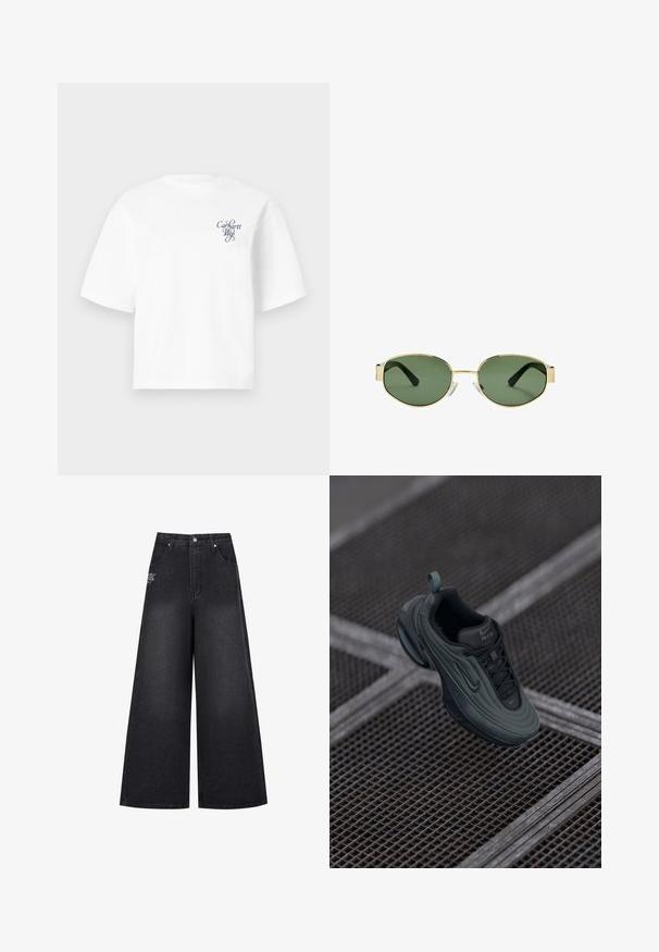 Hvid T-shirt med korte ærmer og løs pasform, med lille "Carhartt Wip"-logo i kursiv på venstre bryst.; Bredde sorte denimbukser med høj talje, der har diskrete syninger og et lille logo på den forreste venstre lomme.; Mørkegrønne og sorte Nike Air sneakers svævende over et metalgittergulv, der fremviser deres designs detaljer fra siden og ovenpå.; Solfarvede solbriller med guldmetalramme, grønne linser, oval form, sorte stænger og klare næsepuder. Rent, minimalistisk design.