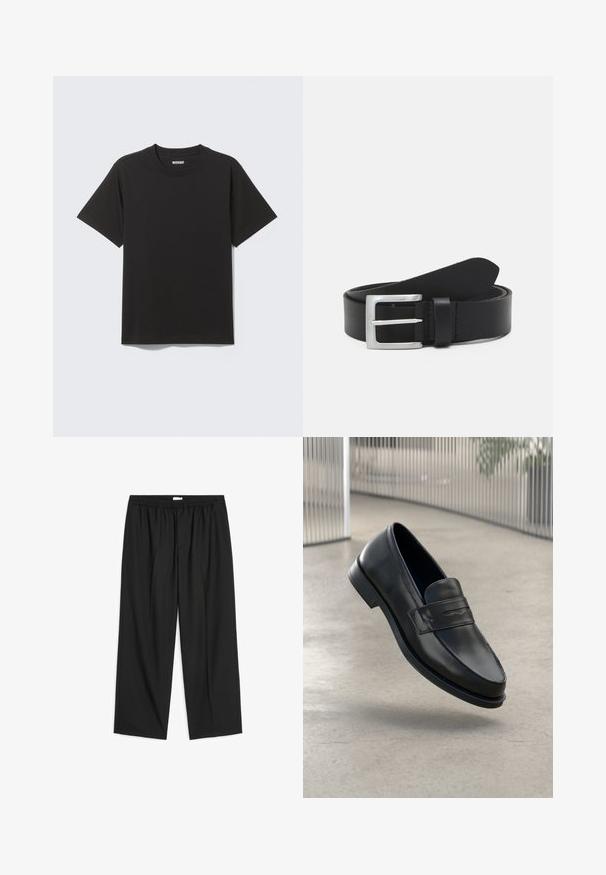 T-shirt en coton noir uni à manches courtes, col rond et étiquette de marque "WEEKDAY" à l'intérieur du col sur un fond gris clair.; Pantalon noir à coupe ample avec taille élastique et devant plat, jambes droites et poches latérales, présenté sur fond blanc.; Mocassin en cuir noir à texture lisse, bout pointu et bande décorative sur le cou-de-pied. Semelle légère, design minimaliste.; Ceinture en cuir noir avec une texture lisse, boucle rectangulaire en argent et une boucle pour l'extrémité. Présente des coutures soignées le long des bords.