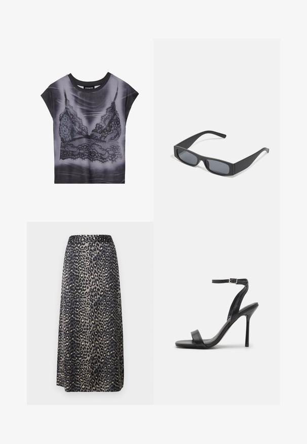 Schwarzes T-Shirt mit kurzen Ärmeln und fotografischem Druck eines Spitzen-Bralettes. Mit weitem Rundhals und weicher Stofftextur.; Ein Midikleid aus Leopardenmuster mit glattem Stoff, einer Schwarz-Beige-Farbkombination und einer geraden Silhouette mit einem Bund.; Schwarze High-Heels-Sandalen mit schlankem Knöchelriemen und zwei vorderen Riemen. Aus glattem Leder gefertigt, mit einer eleganten spitzen Zehenform und einem Stiletto-Absatz.; Schwarze rechteckige Sonnenbrillen mit dunklen Gläsern und dicken matten Rahmen. Die Bügel sind leicht verjüngt und haben eine glatte Oberfläche.