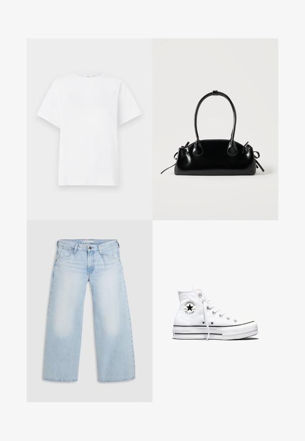T-shirt blanc à manches courtes en coton. Doté d'un col rond, d'une coupe décontractée et d'une texture lisse sans motifs ni accents.; Jean large bleu clair en denim. Présente une coupe droite, un design à cinq poches et une fermeture par bouton à la taille.; Baskets montantes blanches Converse Chuck Taylor All Star avec patch logo noir et lacets blancs, présentées sur fond blanc.; Petit sac à main noir brillant avec deux longues anses et des détails à cordon sur les côtés sur un fond clair uni.