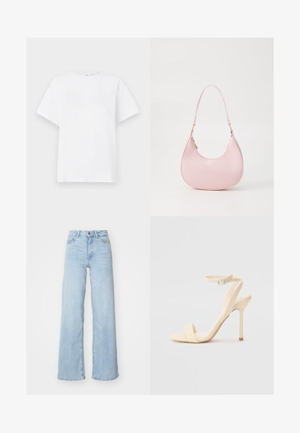 Witte korte mouwen t-shirt van katoen. Heeft een ronde hals, een ontspannen pasvorm en een zachte textuur zonder patronen of accenten.; Lichtblauwe wijde jeans van denim. Met een hoge taille, knoopsluiting aan de voorkant en twee zakken. Gladde textuur met subtiele vervaging.; Beige hoge hak sandaletten met een slanke enkelband en vierkante neus. Gladde synthetische materialen, minimalistisch ontwerp en een stiletto hak.; Call it Spring CELESTY - Handtas - other pink