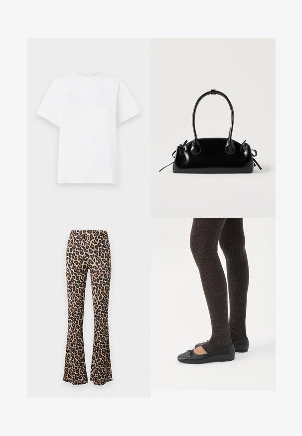Biela tričko s krátkym rukávom vyrobené z bavlny. Má okrúhly výstrih, voľný strih a hladkú textúru bez vzorov alebo akcentov.; Džínsy s leopardím vzorom v béžovej a čiernej farbe, vyrobené z mäkkej tkaniny s hladkou textúrou, s priliehavým pásom a rozšíreným lemom.; Nohy v tmavých pásikavých legínach v kombinácii s čiernymi balerínkami s malými mašličkami na bielom pozadí.; Malá čierna lesklá kabelka s dvoma dlhými rúčkami a bočnými šnúrkovými detailmi na jednoduchom svetlom pozadí.