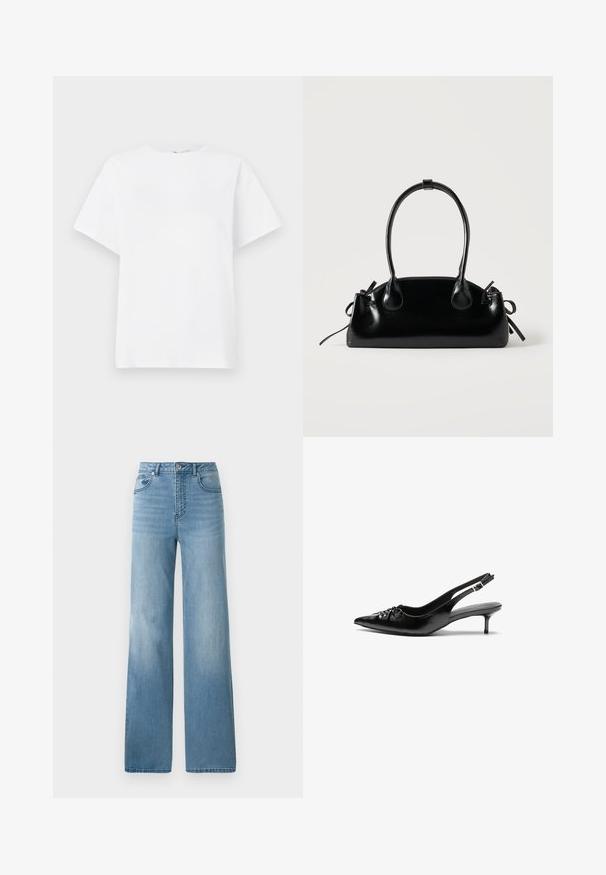 Hvid t-shirt med korte ærmer lavet af bomuldsstof. Har en rund hals, afslappet pasform og en glat struktur uden mønstre eller dekorationer.; Lyseblå højtaljede jeans med lige ben. Fremstillet af denim, med fem lommer og knaplukning.; Sorte læder slingback-pumps med spids tå, lav kitten-hæl og rynket detalje på overdelen. Glat tekstur og minimalistisk design.; Lille sort blank håndtaske med to lange håndtag og snøre-detaljer i siden på en ensfarvet lys baggrund.