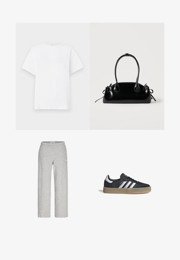 Camiseta blanca de manga corta hecha de algodón. Presenta un cuello redondeado, un corte relajado y una textura suave sin patrones ni acentos.; Pantalones deportivos de pierna recta de color gris claro con cintura elástica y un pequeño logo blanco en el muslo superior.; Zapatilla deportiva de cuero negro con tres rayas plateadas, punta texturizada y suela de goma. Cuenta con un collar acolchado y un diseño con cordones.; Pequeño bolso negro brillante con dos asas largas y detalles de cordón lateral sobre un fondo claro liso.
