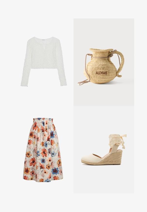 Even&Odd Langærmet T-shirt - off white; Hvid nederdel med høj elastisk talje, der har et levende blomstermønster i orange, blå, gul og pink nuancer.; Beige espadrille kile med overdel i kanvas, åben tå og bløde båndsnore. Teksturiseret jutekile med et fletmønster.; Rund flettet stråtaske med håndtag af reb og "ALEMAIS" broderet på siden med brunt garn.