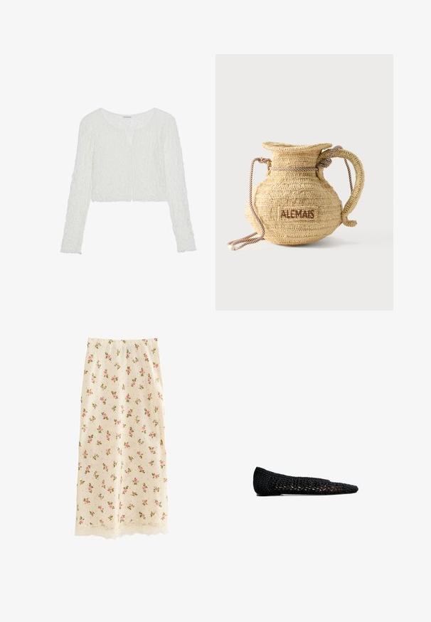 Even&Odd by Zalando Longsleeve - off white; Roomkleurige midi-rok met roze rozenbloemenpatroon en kanten rand langs de zoom, rechte pasvorm en gladde textuur.; Zwarte gehaakte ballerina met een spitse neus, voorzien van een geweven structuur en een subtiele voering, ontworpen voor comfort en ademend vermogen.; Ronde gevlochten strohandtas met een handvat van touw en "ALEMAIS" geborduurd aan de zijkant in bruine draad.