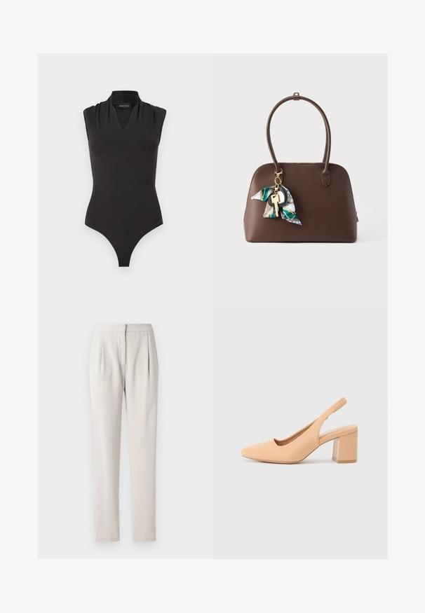 Body sin mangas negro con escote en V y detalle fruncido en el hombro, etiquetado "Anna Field", sobre un fondo blanco.; Pantalones tailored beige con una tela suave y mate. Presentan pliegues en la parte delantera y una cintura ajustada, con piernas rectas y slim.; Tacón slingback beige, hecho de material sintético suave. Presenta una punta cuadrada, lados abiertos y un tacón cuadrado grueso. Diseño sencillo.; Bolso de mano de cuero marrón con forma redondeada, doble asa y un llavero con pañuelo decorativo. Cuenta con cierre de cremallera y un diseño minimalista.