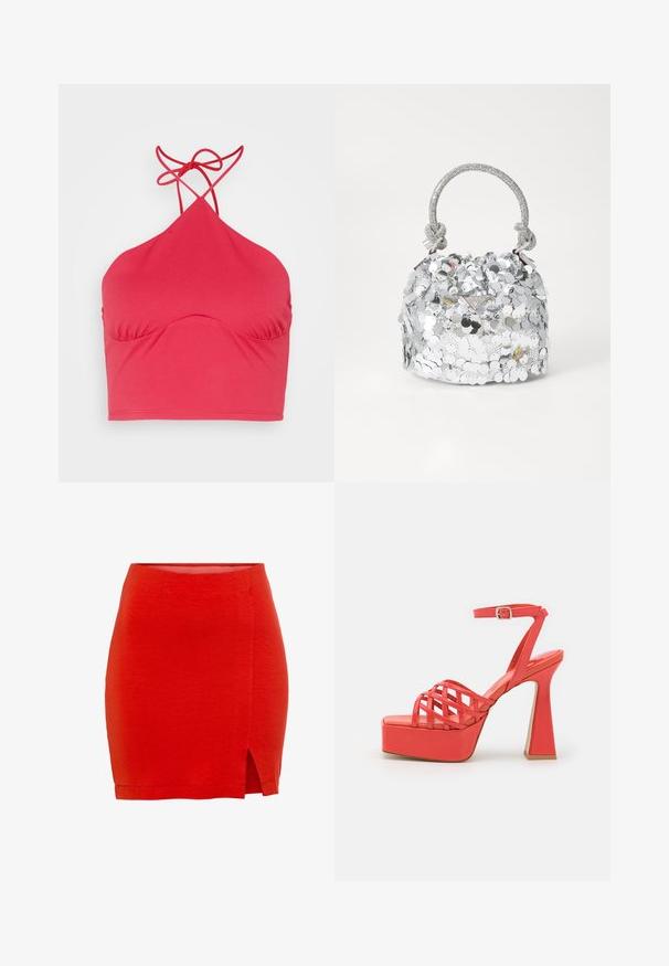 Even&Odd by Zalando Top - pink; Rød strikket nederdel med en tætsiddende pasform, der har en sideslids og en kant, der sidder lige over midt-lår. Glat tekstur, enkel konstruktion.; Jeffrey Campbell MODEST - Højhælede sandaletter / Højhælede sandaler - coral; Rund sølvfarvet håndtaske dækket af refleksive palietter, med et fletnet håndtag og et lille logo på fronten. Generelt glat tekstur.