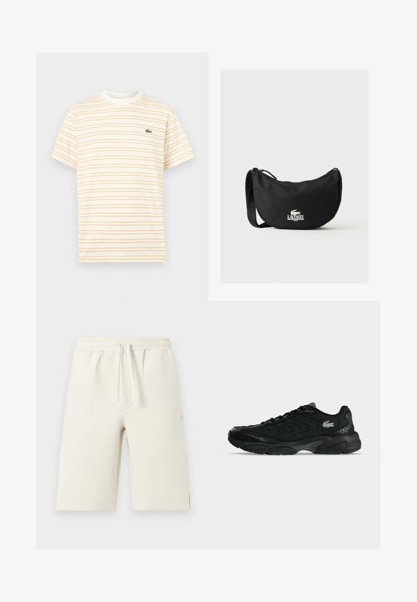 T-shirt à manches courtes avec col rond, à fines rayures horizontales beige sur fond blanc, arborant un petit logo de crocodile vert sur la poitrine.; Shorts en coton beige clair avec taille élastique, cordon de serrage et poches latérales. Texture lisse, longueur genou avec ourlets cousus.; Baskets de sport noires avec des motifs de couture incurvés et un petit logo crocodile sur le côté, vues de la partie extérieure sur un fond uni.; Sac à épaule noir Lacoste avec forme incurvée, bandoulière réglable et logo crocodile blanc embossé au-dessus du nom de la marque à l'avant.